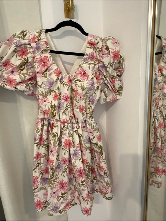 Express Dresses & Skirts - Express White Floral Puff-Sleeve Dress with Pink & Lavender Blooms